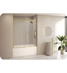 a bathroom with a shower, mirror and potted plant