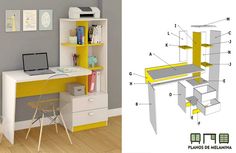 a computer desk with yellow and white shelves next to a drawing of a bookcase