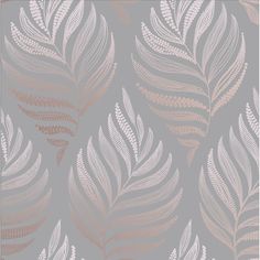 a grey and pink wallpaper with silver leaves on the bottom half of each leaf