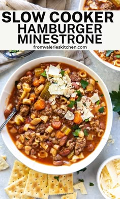 two bowls of slow cooker hamburger minestone soup with crackers and parmesan cheese