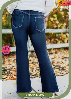 Blue Plus Size Deep Wash Mid-waist Flared Jeans Mid-rise Blue Bottoms For Fall, Casual Flare Bottoms In Solid Color, High Waist Solid Color Jeans For Fall, Solid Color High Waist Fall Jeans, Fall High Waist Solid Color Jeans, Non-stretch Blue Bottoms For Fall, Non-stretch Solid Color Bottoms For Fall, Solid Color Denim Bottoms For Fall, Fall Denim Bottoms In Solid Color