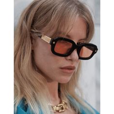 Chunky, squoval frames that give off strong retro vibes. The Raphael sunglasses are crafted from high quality shiny black acetate with contrasting orange UV protected Category 1 lens. Features gold metal diamond on temples and signature Poppy Lissiman logo on arms. Frame width: 145 mm Frame height: 45mm Trendy Orange Square Frame Sunglasses, Luxury Orange Sunglasses, Chic Orange Sunglasses With Mirrored Lenses, Chic Orange Sunglasses For Party, Elegant Orange Sunglasses With Uv Protection, Chic Orange Glass Sunglasses, Chic Orange Sunglasses With Glass Lenses, Poppy Lissiman, Slim Aarons