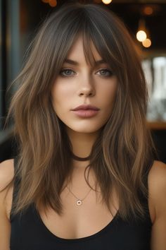 Trending Haircuts With Bangs, Jennifer Lopez Hair Bangs, Feathery Bangs Short Hair, Barely There Bangs Long Hair, Long Soft Bangs, Woman’s Haircut With Bangs, Haircuts To Grow Out Bangs, Shaggy Wispy Bangs, Long Hair With Soft Bangs