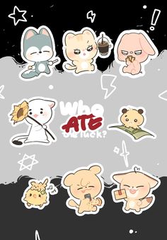 an image of stickers that say who ate? and the other characters are in different colors