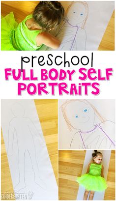 a child's drawing on the floor with text overlay that reads preschool full body self portraits