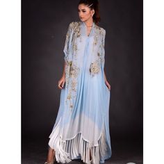 The Kaftan Is Embroidered And Embellished On Shaded Chiffon. It Comes With A Slip. The Slip Is In A Size Medium. The Top Is One Size. Hand Embellished Embroidered Dress For Eid Festival, Embroidered V-neck Evening Kaftan, Summer Silk Embellished Embroidered Dress, Embroidered Embellished Floor-length Dress For Eid, Embroidered Floor-length Dress Embellished For Eid, Hand Embellished Floor-length Embroidered Dress For Festive Occasions, Bollywood Style Embellished Silk Kaftan, Embellished Floor-length Embroidered Dress For Eid, Elegant Hand Embellished Kaftan For Festivals