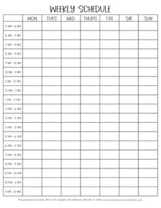 a printable weekly schedule for the week with times and hours to go on it