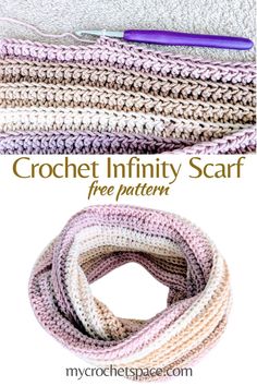 crochet infinity scarf with text overlay that says, free pattern