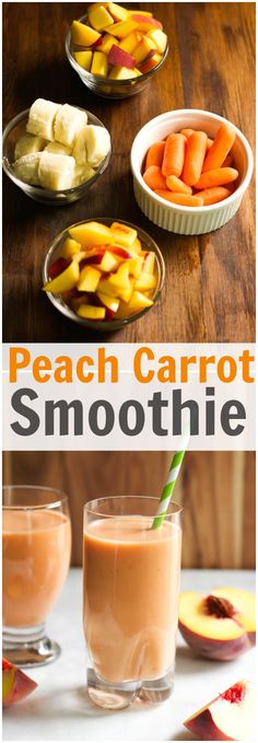 peach carrot smoothie in small glasses with straws on the rim and another glass filled with liquid