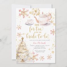 a white and gold bridal to be tea party card