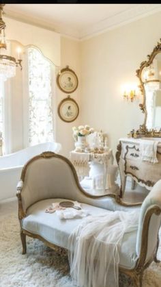 an ornately decorated bathroom is shown in this image, with antique furniture and mirrors on the walls