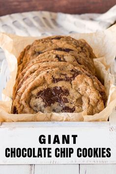 giant chocolate chip cookies in a white box with text overlay that reads giant chocolate chip cookies