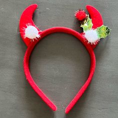 This Is A Red Felt Devil Horn Headband With Tinsel Pom Poms And Holly. - Novelty Holiday Headband - Horns Extend 2" Above Top Of Headband - Many Other Christmas Headbands Available In Boutique! Join My Live Shows On Wednesdays And Sundays At 5 Pm Pacific To See Unlisted Headbands And Hair Accessories! From A Smoke-Free, Pet-Free Home. Tinsel Pom Pom, Christmas Headbands, Holiday Headbands, Horn Headband, High Road, Christmas Headband, My Live, Red Felt, Holiday Christmas