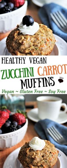 healthy vegan zucchini carrot muffins with yogurt and berries