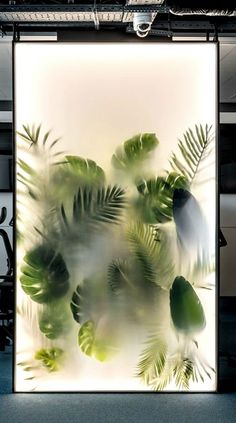 an abstract photograph of leaves on a glass wall in a room with chairs and desks