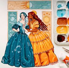 an image of two women in dresses painted on paper with acrylic paintbrushes