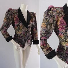 Vintage early 1980s fitted tapestry jacket. Lovely bold floral tapestry woven fabric. Beautifully fitted through the body Peplum waist. Huge puffed shoulders with pads narrow sleeves with moire silk cuffs. Size roughly 8-10 Measures Across shoulders-15in Across at waist -14in Pit-pit-17in Across at flared peplum--22in Nape-hem-22in Excellent condition Fitted Silk Blazer With Floral Print, Fitted Floral Print Winter Blazer, Fitted Floral Print Blazer For Winter, Vintage Fitted Floral Print Blazer, Fitted Vintage Blazer With Floral Print, Fitted Vintage Floral Print Blazer, 1980s Fashion Trends, Tapestry Jacket, Tapestry Woven