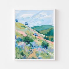 an abstract painting of flowers and hills on a white wall with a blue sky in the background