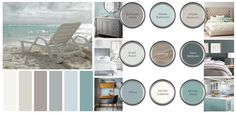 a collage of different shades of blue and gray with white furniture, bedding, pillows, chairs, and other items