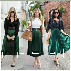 Green Pleated Skirt Outfit Christmas, Green Pleated Skirt Outfit, Short Fall Nail Designs, Short Fall Nail, Green Skirt Outfits, Autumn Manicure, Satin Skirt Outfit, Green Pleated Skirt, Pleated Skirt Outfit