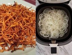 two pictures side by side one with noodles and the other with meat in an air fryer