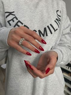 Winter Red Nails 2022, Sold Nail Colors, Red Nails For Light Skin, Ruby Red Almond Nails, Red Nails Red Dress, Fall Red Almond Nails, Fall Nail Designs Red, Red Trendy Nails, All Red Nails