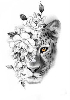 a black and white drawing of a cheetah with flowers on it's head