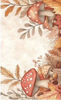 a painting of mushrooms, leaves and acorns