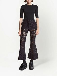 Lace Flare Pants For Party, Lace Flare Bottoms For Party, Flare Lace Bottoms For Party, Evening Pants With Lace Trim, Spring Evening Lace Bottoms, Chic Flared Hem Bottoms For Evening, Chic Lace Evening Pants, Chic Lace Pants For Evening, Spring Evening Cropped Bottoms