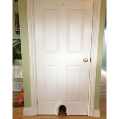 a white door with a dog hole in the bottom and an orange cat bed underneath it