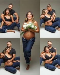 a pregnant couple is posing for pictures together