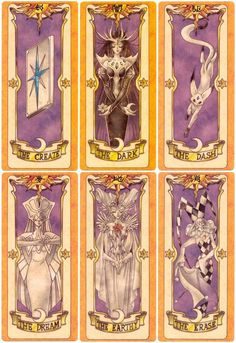 four tarot cards with different designs on them