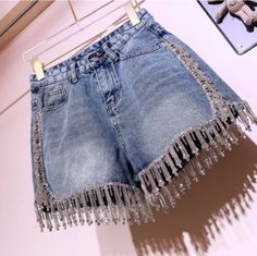 Rhinestone Fringed High Waist Denim Shorts Flash · Shop Zola · Online Store Powered by Storenvy Tassel Shorts, Embroidered Denim Shorts, High Waist Denim Shorts, High Waist Denim, Festival Looks, Short Jeans, Denim Cotton, High Waisted Shorts Denim, Denim Shorts Women