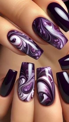 Purple Nail Art Designs, Fancy Nail Art, Witch Nails, Girly Acrylic, Purple Nail Art, Marble Nail, Marble Nail Art, Nice Nails