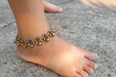 "Details: -bracelet or anklet for women or girl Materials: -6mm azurite malachite -round brass beads, brass bells -rosy brown waxed cord *Choose your size or beads from the drop-down menu. *If you need silver version instead of brass, just take note to me in the message to seller. *✈️ Shipping.. The item shipped by Registered Airmail Thailand Post within 3-5 working days after payment received. **If you will NOT be home to sign for the package, Please leave note to me in the \" message to seller Handmade Spiritual Gold Anklet, Gold Anklets With Round Beads For Festival, Bohemian Gold Anklets With Round Beads, Hippie Women, Anklet For Women, Wedding Women, Indian Agate, Beach Anklets, Rosy Brown