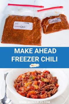 two bags of freezer chili sitting on top of a white plate