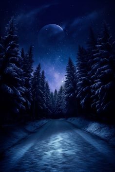 a night scene with snow covered trees and the moon in the sky over a river