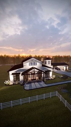 an artist's rendering of a house in the middle of a field with a white fence