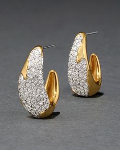 Tapered hoop earrings in molten 14k gold plated metalwork drip with brilliant milgrain crystal pavé. Three dimensional texture meets sleek, modern glamour. Evening Jewelry, Crystal Hoop Earrings, Earrings In Gold, Alexis Bittar, Earring Sale, Accessories Jewelry Necklace, Small Leather Goods, Handbags On Sale, Three Dimensional