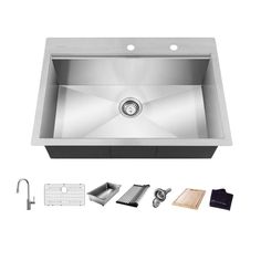 stainless steel kitchen sink with accessories including cutting board, strainer and faucet