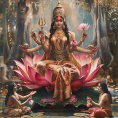 a woman sitting on top of a lotus flower in front of other women and trees