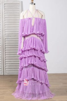 light violet pleated ruffled tiered unique long prom gown Short Bridesmaid Dress, Custom Made Prom Dress, Dress Train, Light Violet, Long Prom Gowns, Prom Style, Short Bridesmaid Dresses, Pleated Bodice, Dress Silhouette