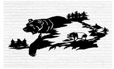 the bear and cub are running through the woods together in this stencil design