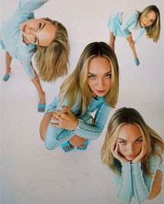 three pictures of a woman with blue shoes and one has her hand on her face