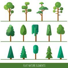 different types of trees and shrubs on a white background with text that reads flat nature elements