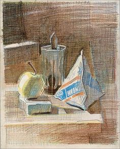 a pencil drawing of an apple, milkshake and napkins on a table