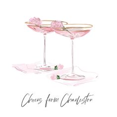 two champagne glasses with pink flowers in them and the words cheers for charleston written below