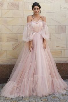 Puffy Sleeves Pink Tulle Formal Gown Quinceanera Dresses Pink, Sleeved Wedding, Quinceanera Dresses Blue, Custom Prom Dress, Elegant Prom Dresses, Evening Gowns Elegant, Maxi Dress Wedding, Long Sleeve Wedding, Prom Dresses Long With Sleeves