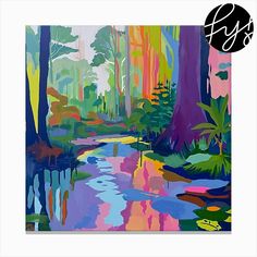 a painting of trees and water in the woods