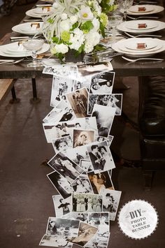 a table with pictures and flowers on it